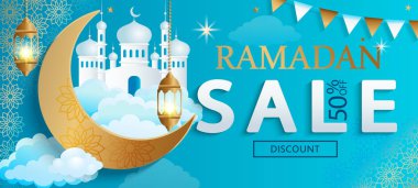 Ramazan Kareem satış bayrağı. İndirim kartı, geleneksel Müslüman bayramı alışverişi için altın süs, lamba, cami ve hilal ile mutlu bir kutlama. İslami selamlama posterleri. Vektör illüstrasyonu.