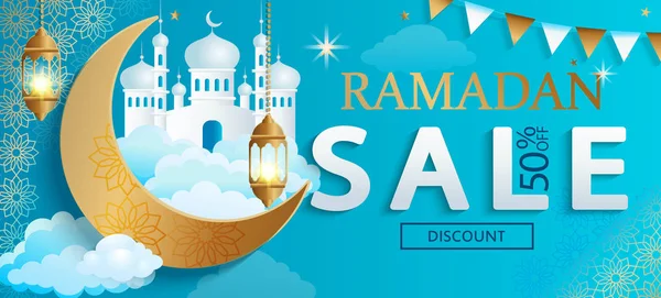 Ramadan Kareem Försäljning Banner Rabattkort Flygblad För Traditionell Muslimsk Semester — Stock vektor