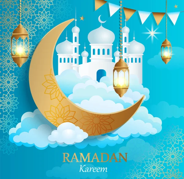 Ramadan Kareem Greeting Card Banner Traditional Muslim Holiday Golden Ornament — Stock Vector