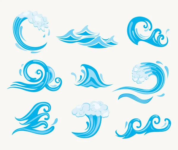 Set Sea Waves Ocean Tidal Storm Wave Isolated White Background — Stock Vector