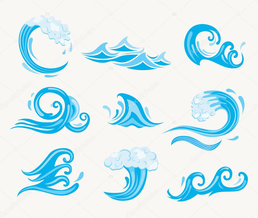 Set of sea waves. Ocean tidal or storm wave isolated on white background. Template design for surfing and seascape, vector illustration. Surge, ripple, wavelet in nature. Vector illustration.
