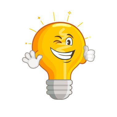 Parlak sarı ampul beyaz arkaplanda izole edilmiş. Komik duygularla gülümseyen ampul. Emoji yaratıcı fikir, ilham sembolü. Tebrik kartları, baskılar, rozetler ve gelecek nesiller için dekorasyon..