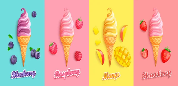 Çilek Mango Yabanmersini Ahududu Dondurması Meyve Bereli Dondurma Bayrak Poster — Stok Vektör