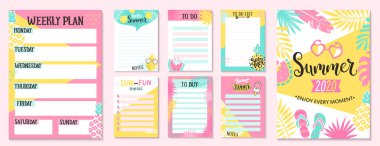 Weekly and Daily Planner Templates. Organizer and Schedule with Notes,To Do and to buy lists. Summer hand drawn blanks with tropical leaves,ice cream and fruits-pineapple,watermelon,lemon.Vector clipart