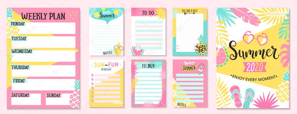 Weekly and Daily Planner Templates. Organizer and Schedule with Notes,To Do and to buy lists. Summer hand drawn blanks with tropical leaves,ice cream and fruits-pineapple,watermelon,lemon.Vector