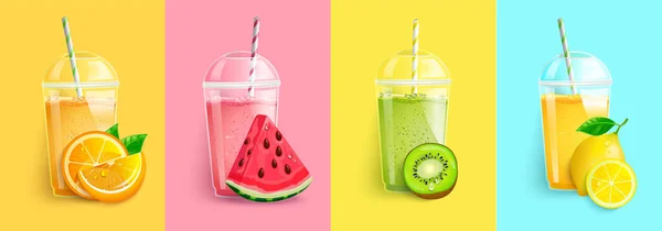 Orange Wassermelone Kiwi Zitronen Smoothie Set Saft Frischen Früchten Sommerhintergrund — Stockvektor