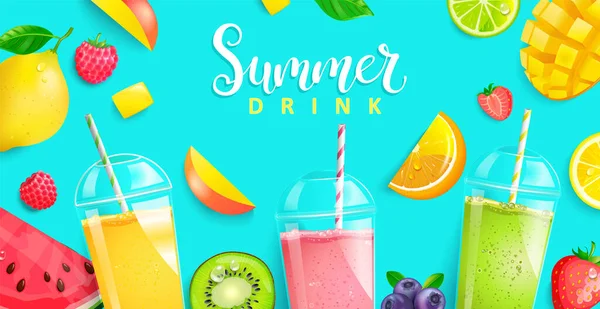 Summer Drinks 2020 Hot Season Tropical Background Fresh Smoothie Fruits — Stock Vector