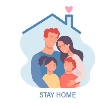 Aile tecrit altında. Pankart, poster, broşür, sosyal medya kampanyası ve koronavirüs önleme için evde kalın. Pandemia sırasında karantina. Sağlık hizmeti konsepti. Vektör illüstrasyonu.