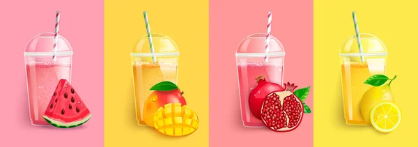 Арбуз Манго Гранат Лимонный Смузи Set Juice Идти Свежими Fruits — стоковый вектор