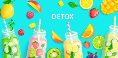 Bright Detox arka planında meyve ve böğürtlen dilimleri var. Sıcak mevsim için sağlıklı kokteyller. Diyet menüsü, kafe için tropik zemin. Limonlu, çilekli, limonlu, buzlu, salatalıklı taze meyve suyu..