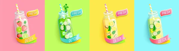Bright Summer Detox Set Healthy Cocktails Hot Season Vector Illustration — Stock Vector