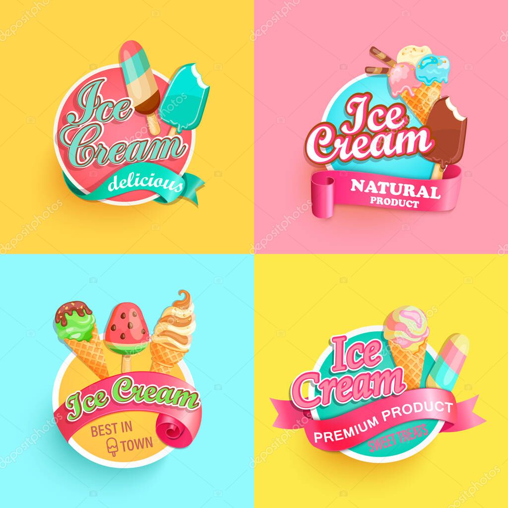 Set of summer ice creams labels. Bright collections for different sundaes in hot season.Gelato for banner,poster,brand,template,packaging,packing,emblem. Advertise for cafe.Vector illustration.