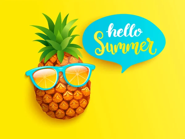 Hipster Ananas Orangefarbener Sonnenbrille Grüßt Den Sommer Auf Gelbem Hintergrund — Stockvektor