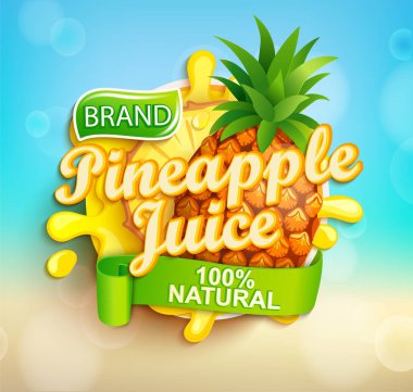 Sıçrayan taze ananas suyu etiketi, marka, logo, şablon, etiket, ambar, ambalaj, reklam için meyve dilimi. Yüzde yüz doğal tropikal saplama. Vektör illüstrasyonu.