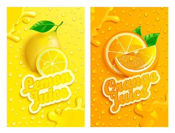 Set Fresh Lemon Orange Juices Backgrounds Drops Condensation Splashing Fruit — Stock Vector