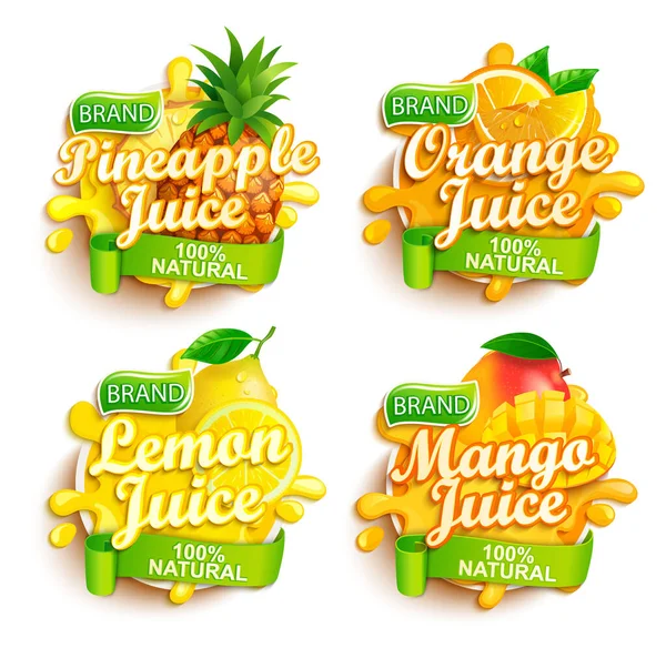 Conjunto Zumos Frescos Logotipo Etiqueta Savia Piña Naranja Limón Mango — Archivo Imágenes Vectoriales