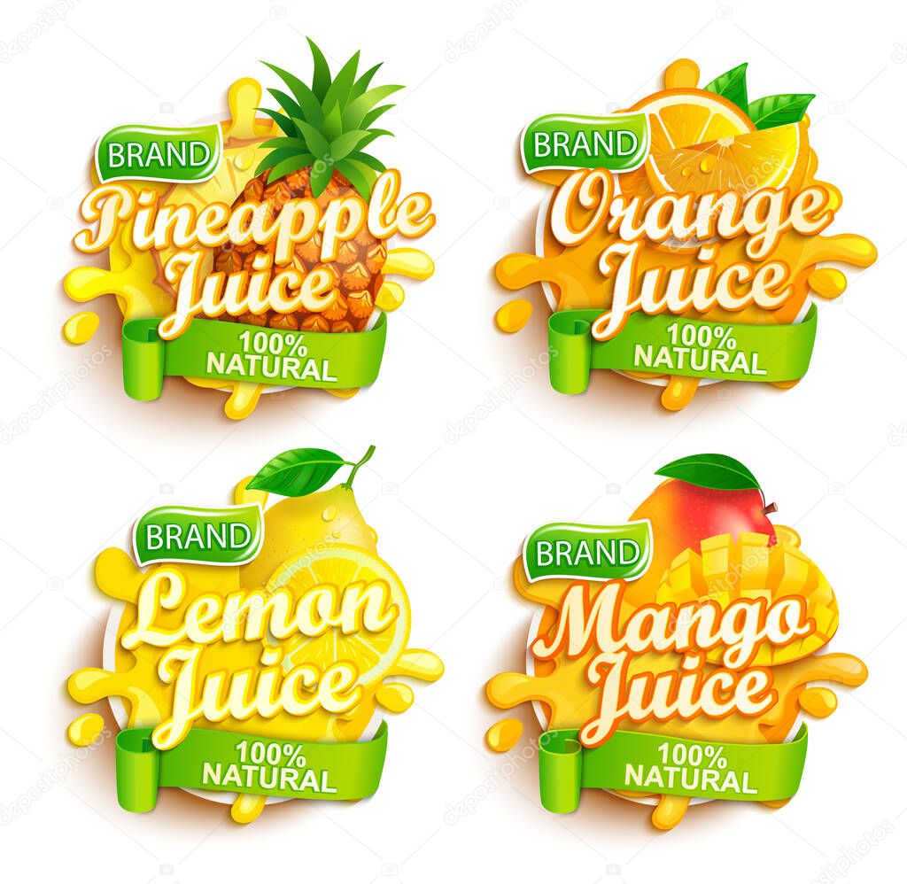 Set of fresh juices logo. Pineapple, orange, lemon and mango sap label with splash, fruit slice on for brand,template,emblem,store,packaging,advertising.100 percent natural tropical juice.Vector.