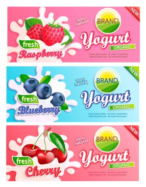 Yabanmersini, kiraz, ahududu yoğurt etiketi. Markanız, logonuz, ambleminiz, çıkartmanız için doğal ve taze meyveler. Organik ve tatlı tatlılar. Tasarımınız için şablon. Vektör çizimi.