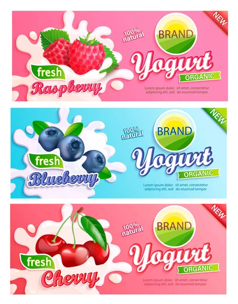 Set Etiquetas Arándanos Cerezas Yogur Frambuesa Bayas Naturales Frescas Salpicaduras — Vector de stock