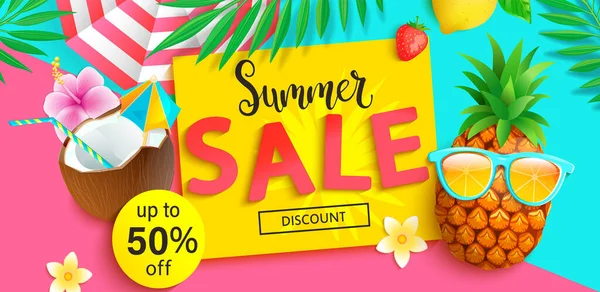 Bright Sale Banner Summer 2020 Hipster Pineapple Invites Big Discounts — Stock Vector