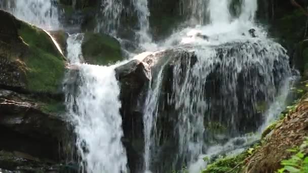 Acqua del fiume di montagna che scorre sulle pietre. Foresta. Spruzzi . — Video Stock