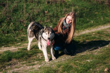 Bir kız ile bir köpek set boyunca yürüyor. Güzel Husky köpek. Nehir. Bahar.