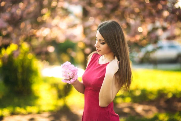Giovane ragazza in posa per una foto. Alberi rosa in fiore sullo sfondo. Primavera. Sakura . — Foto Stock