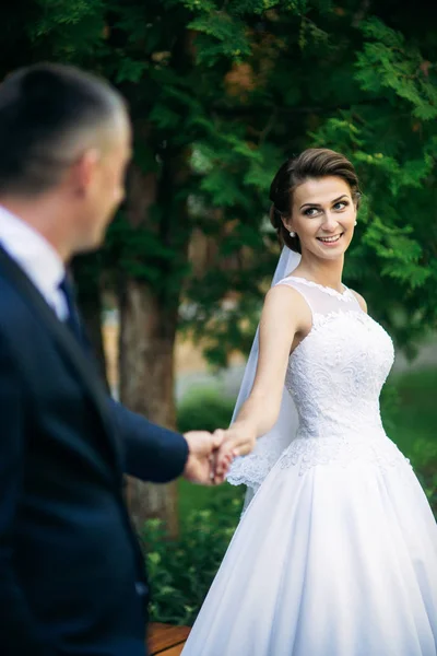 Bella coppia a piedi nel parco nel giorno del loro matrimonio. Tempo soleggiato . — Foto Stock