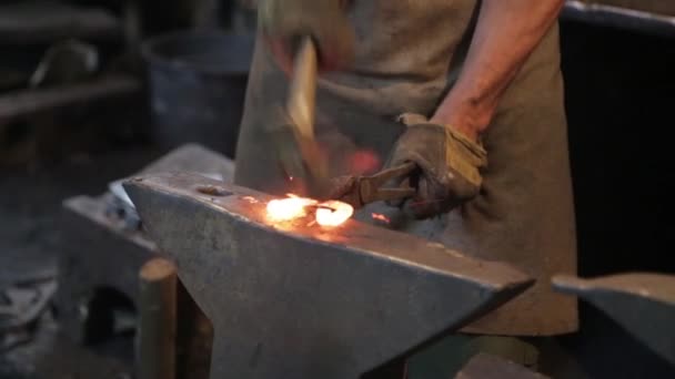 Blacksmith forges fierce metal hammer. Hot iron. Sparks. — Stock Video