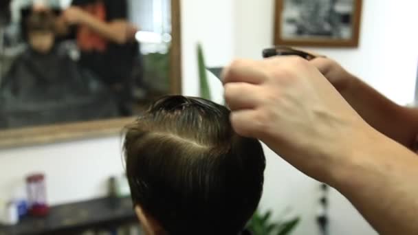 Pequeño chico consiguiendo corte de pelo por peluquero mientras está sentado en silla en la barbería . — Vídeo de stock