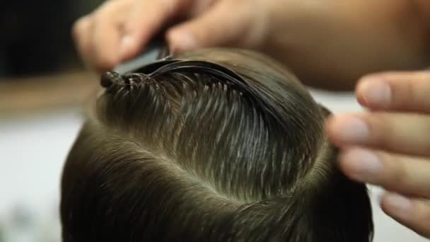 Petit garçon se faire couper les cheveux par le coiffeur tout en étant assis dans la chaise au salon de coiffure . — Video