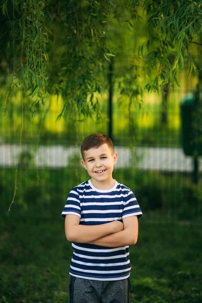 A little boy in a striped T-shirt is smiling and cheering.Spring, sunny weather. — Stock Photo, Image