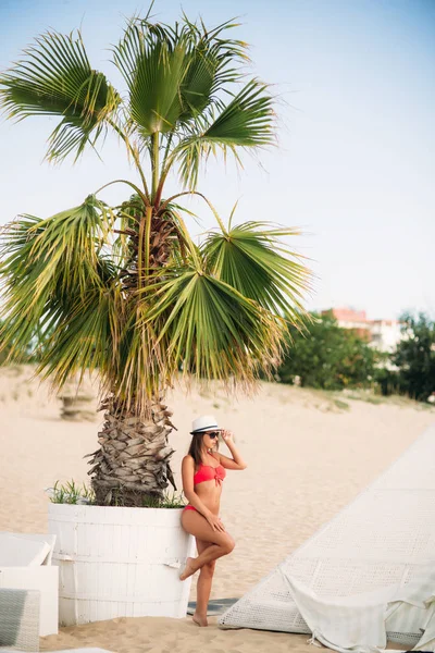 Menina bonita em um maiô rosa, no mar. Tempo ensolarado. Verão . — Fotografia de Stock