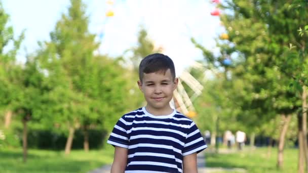 Маленький мальчик в полосатой футболке улыбается и ликует. . — стоковое видео