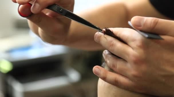 Petit garçon sur une coupe de cheveux dans le coiffeur assis sur une chaise . — Video