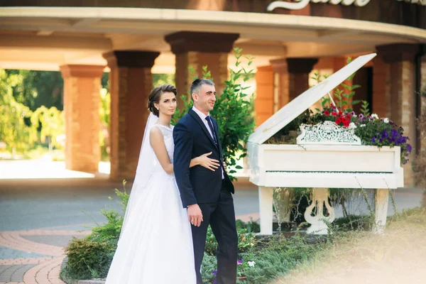 Casal jovem, noiva e noivo andando e desfrutando de seu dia de casamento. Luz do sol. Verão . — Fotografia de Stock