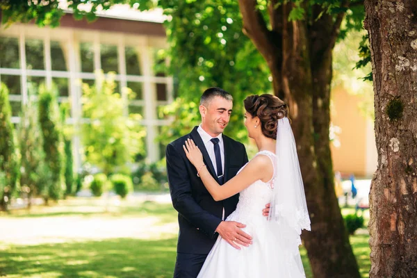 Vackra par promenader i parken i deras bröllopsdag. Soligt väder. — Stockfoto