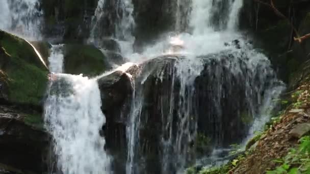 Mountain River water flowing on the stones. Forest. Splatter. — Stock Video