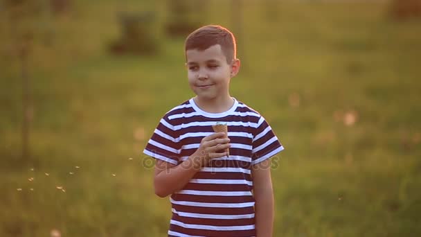 Boy and girl are sitting on the bench. Run around the park and blow dandelions — Stock Video