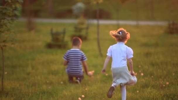 Αγόρι και κορίτσι κάθονται στον πάγκο. Τρέχουν γύρω από το πάρκο και πλήγμα πικραλίδες — Αρχείο Βίντεο