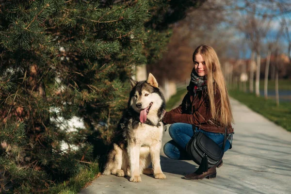 Dívka chodí se psem po nábřeží. Krásný Husky psa. Řeku. Jaro. — Stock fotografie
