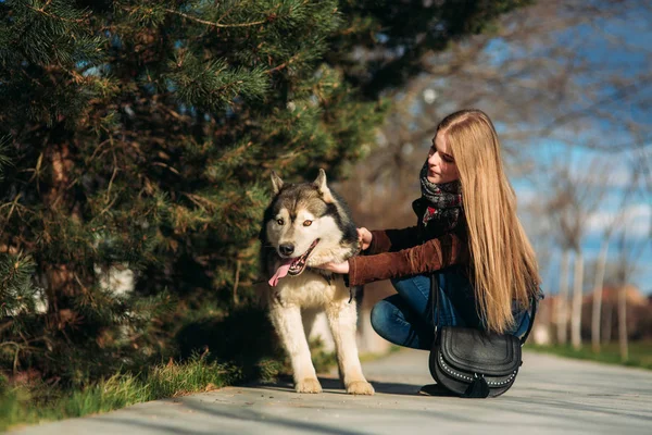 Ein Mädchen geht mit einem Hund die Böschung entlang. schöner Husky-Hund. der Fluss. Frühling. — Stockfoto