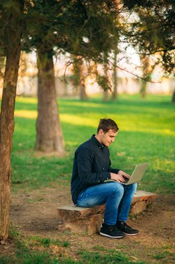 Parkta bir dizüstü bilgisayar üzerinde çalışan genç Yöneticisi. Öğle yemeği molası.