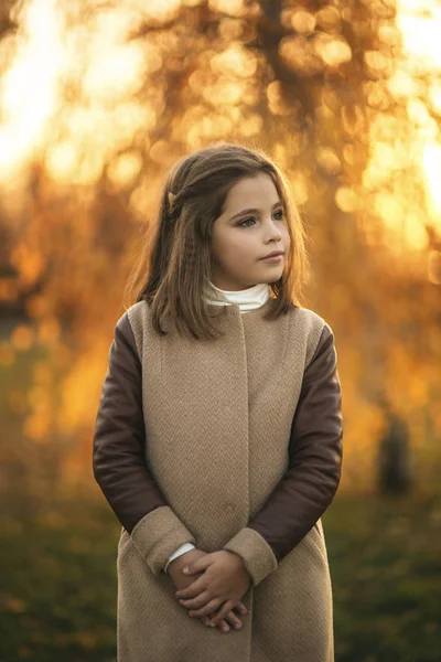 사진 작가 위해 포즈를 취하는을 코트에 작은 소녀. 황금가. — 스톡 사진
