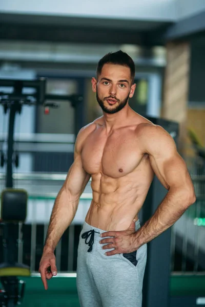 Jovem atleta posando com um tronco para fotografia em um fundo de parede de tijolo. Fisiculturista, atleta com músculos bombeados . — Fotografia de Stock