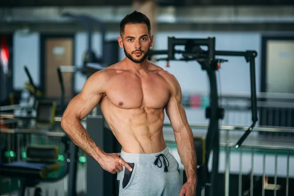 Genç atlet ile bir gövde bir tuğla duvar arka plan fotoğraf için poz. Vücut geliştirmeci, atlet pompalanır kaslar ile.