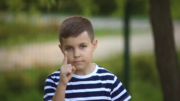 Um garotinho em uma camiseta listrada está brincando no playground, balançando em um balanço.Primavera . — Vídeo de Stock