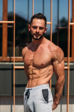 Genç atlet ile bir gövde bir tuğla duvar arka plan fotoğraf için poz. Kurtarma vücut geliştirmeci, atlet pompalanır kaslar, göğüs ve kol ile