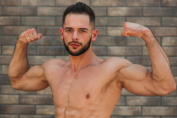 Jovem atleta posando com um tronco para fotografia em um fundo de parede de tijolo. Fisiculturista, atleta com músculos bombeados, resgate de seios e braços — Fotografia de Stock