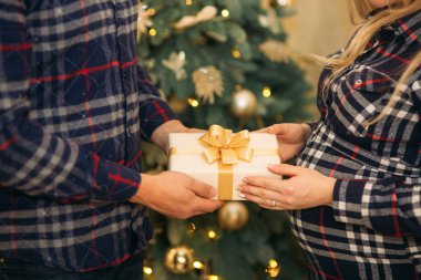 Genç bir çift bir hediye tutuyor. Noel ruh hali ve tatil hediye